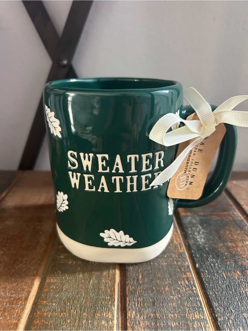 Rae Dunn Green Sweater Weather Mug With Fall Leaves Autumn New